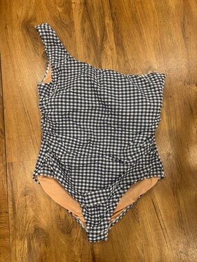 J. Crew Navy and White Gingham One-Shoulder Swimsuit